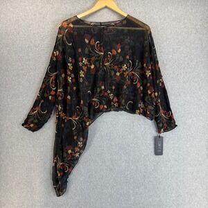 Comfy USA Kathy Black‎ Dark Floral Sheer Asymmetric Blouse Top Size Large NWT